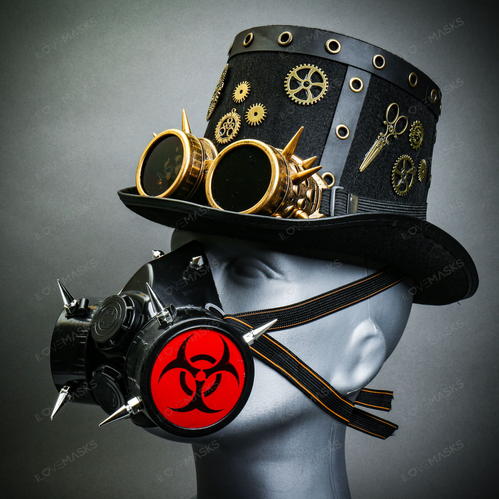 Black Steampunk Spike Goggle Top Hat w/ Gold Gas Mask Halloween Party Costume